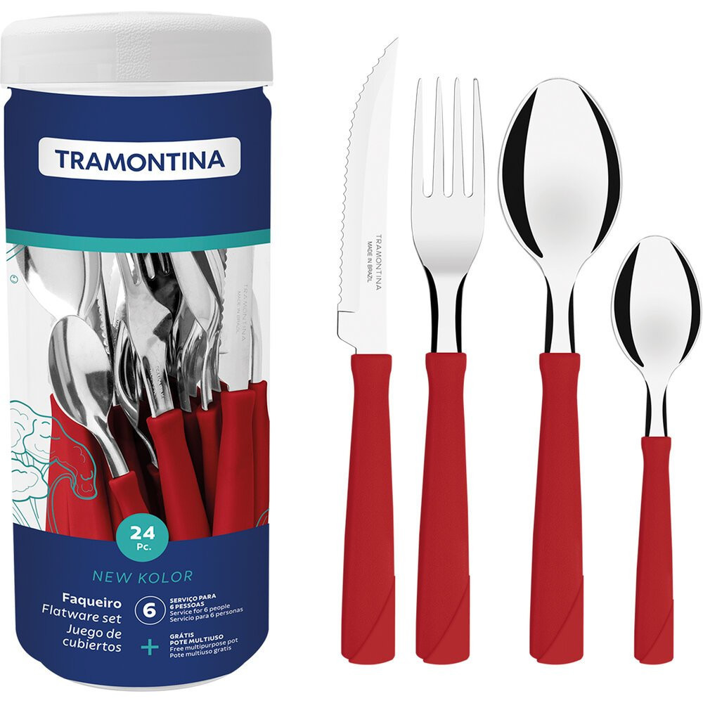 Faqueiro Tramontina New Kolor, 24 Peças, Vermelho - 23198/793 em Oferta na Shopee