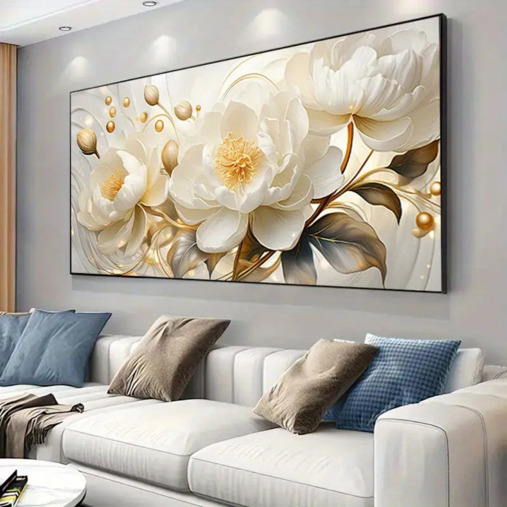 Quadro Decorativo 80x110cm Flores Douradas Mármore Decoração de Parede Hall Luxo Sala Quarto MDF