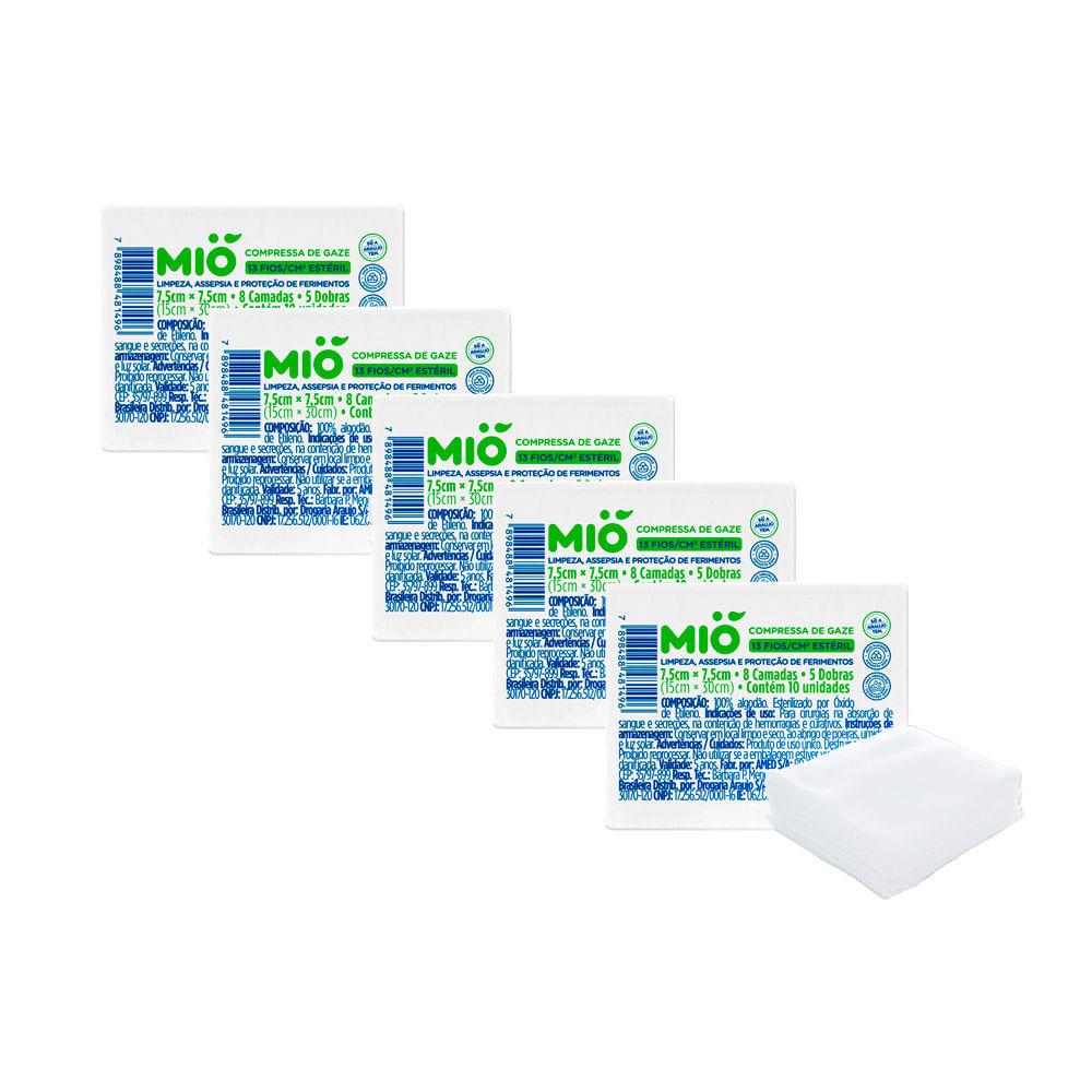 Kit 5 Compressa de Gaze Mió 13 Fios Estéril 7,5cm x 7,5cm com 10 Unidades em Oferta na Shopee