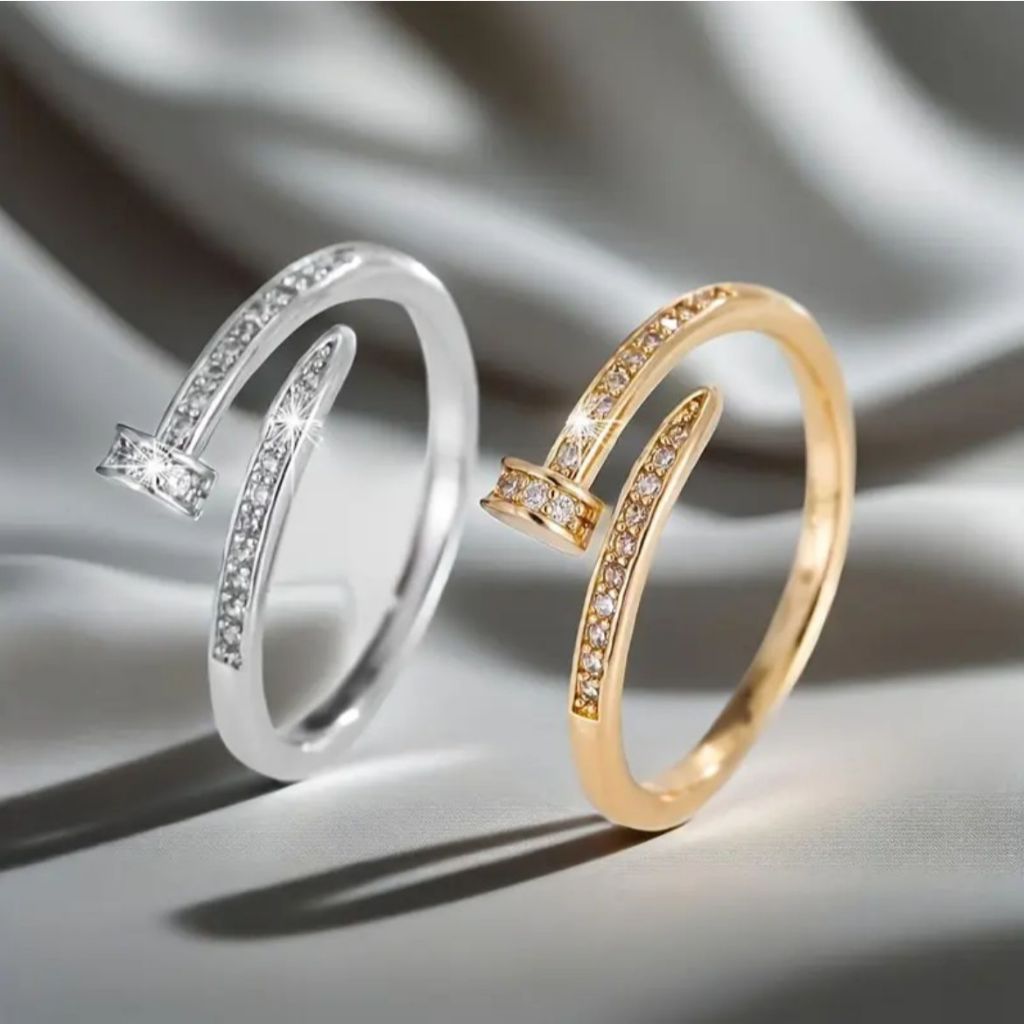 Anel Prego Cravejado Ajustável Semi Joia Banhado a Ouro18k e Prata925 em Oferta na Shopee