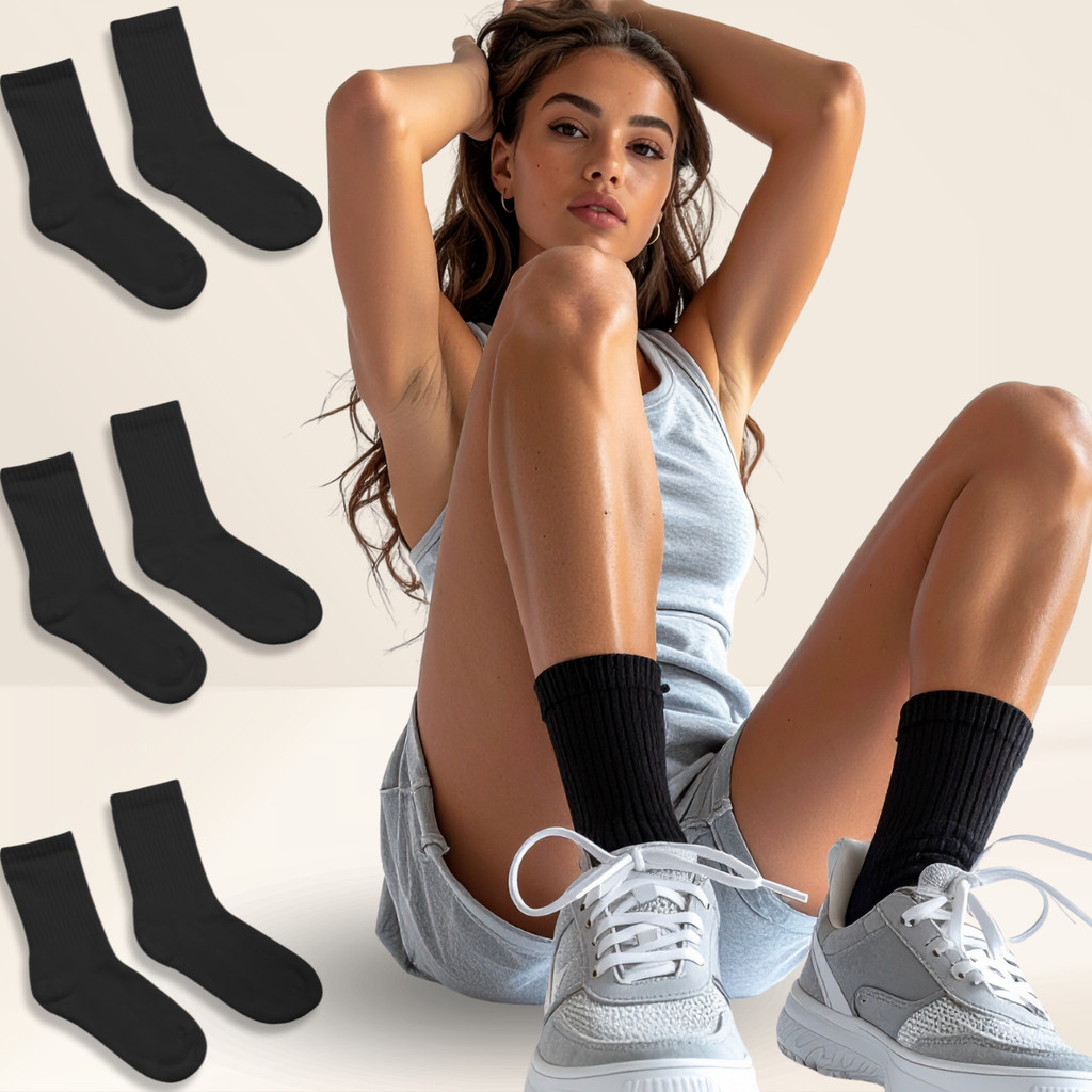 Kit 3 Pares Meia Feminina Cano Médio Preta Respiravel Estilo