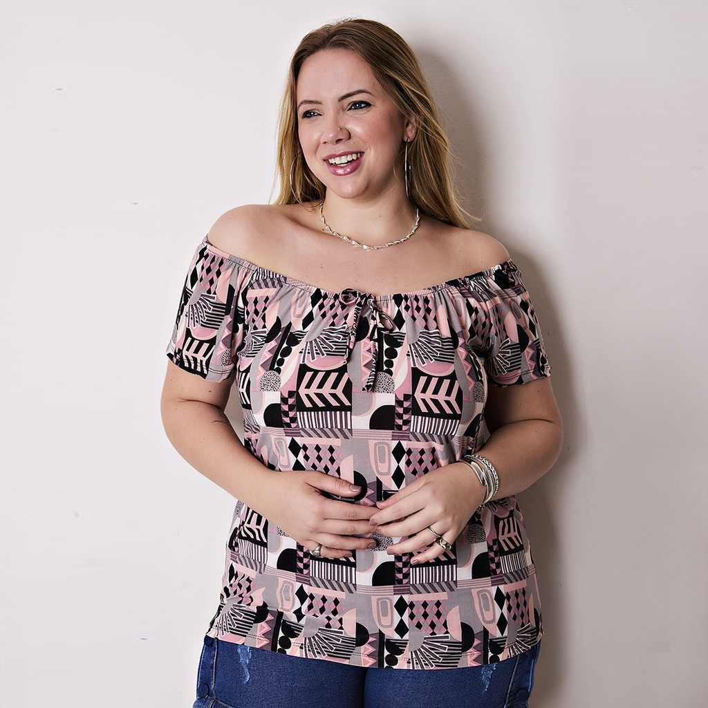 Blusa Bata Ciganinha Plus Size Estampada Confortável Elegante Casual Em Liganete Soltinha