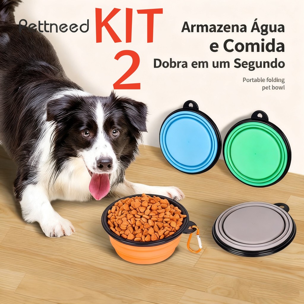 Bebedouro e Comedouro 2 em 1 de Silicone Atóxico Retrátil com Mosquetão Dobrável para Passeio e Viagem de Cães e Gatos