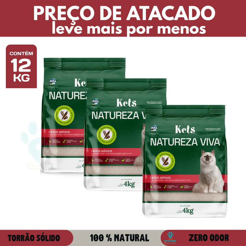 Kit Atacado Areia Higiênica Kets Natureza Viva Média Milho Mandioca 12kg