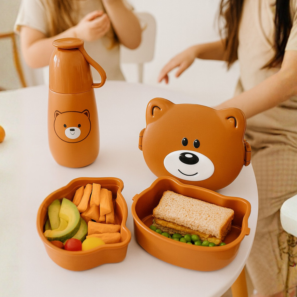 Kit marmita lancheira urso com garrafa copo e talher em Oferta na Shopee