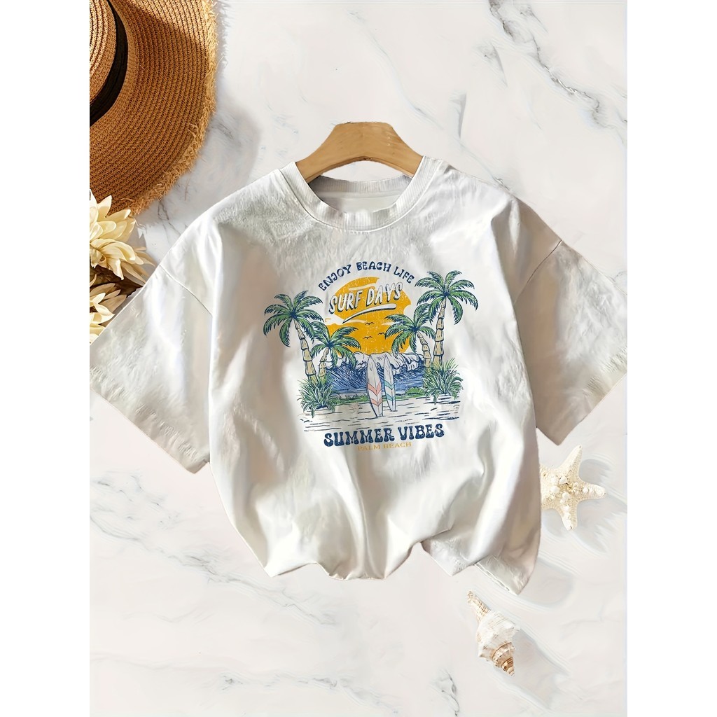 Camiseta Feminina T-shirt “Summer Vibes” – Blusa Algodão Estampada Palmeira Casual Gola Redonda