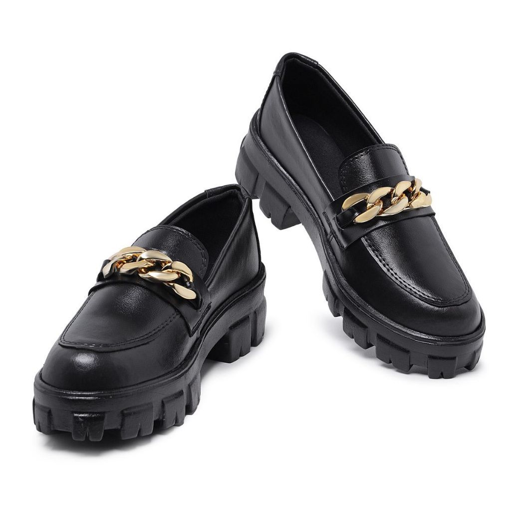 Mocassim Tratorado Feminino Oxford Corrente Preto Confortável Estiloso