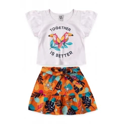 Conjunto Feminino Infantil Verão Pássaros Laranja
