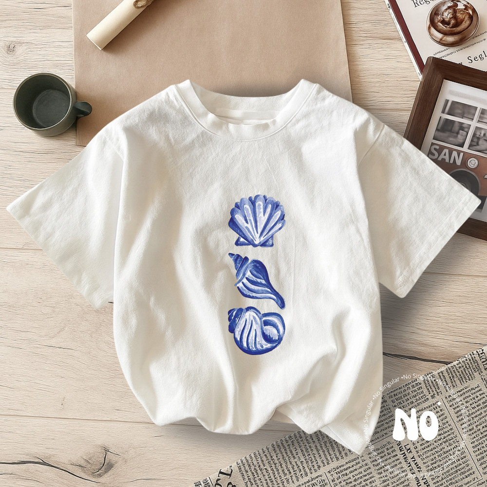 Camiseta Conchas Do Mar Praia Aspiral Azul Blusa Leve Algodão Feria Passeios