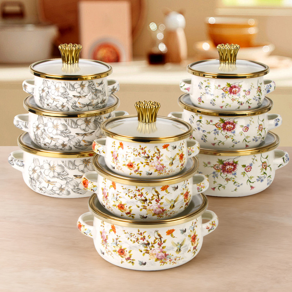 Conjunto de Três Peças Espessado Panela de Esmalte com Duas Alças Panela de Sopa de Esmalte Mini Panela de Sopa com Duas