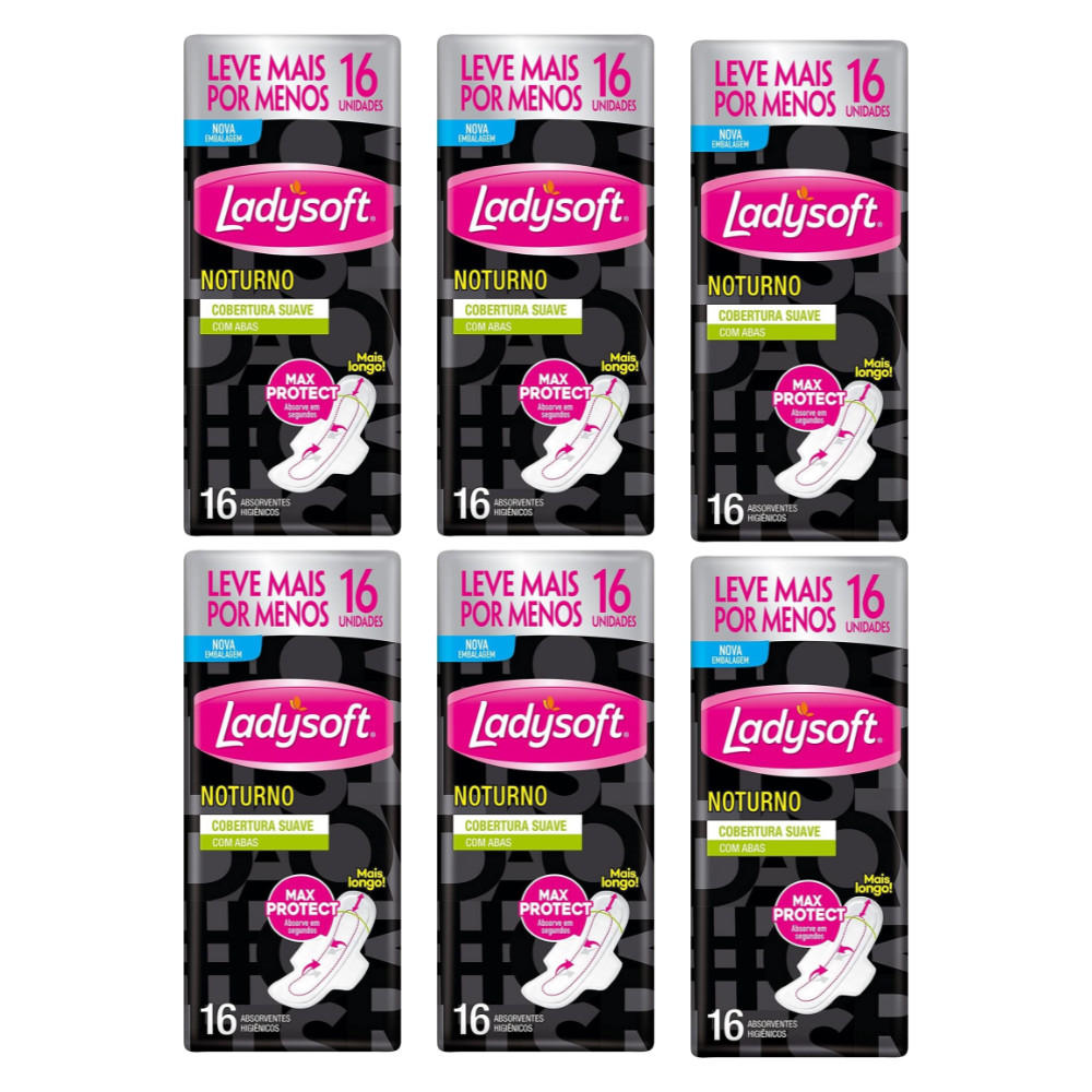 Combo 6x Ladysoft Absorvente Noturno Suave 16un c/ Abas – Segurança Até o Amanhecer