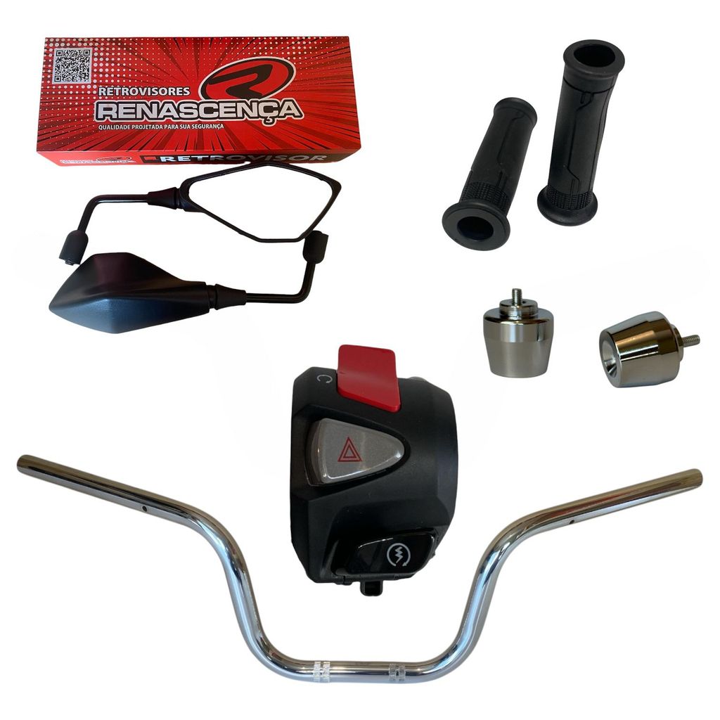 GUIDÃO CARGO+ MANOPLA CARGO + PESO PCX CROMADO + RETROVISOR Z 400 MINI  REBAIXADO + PUNHO CB500
