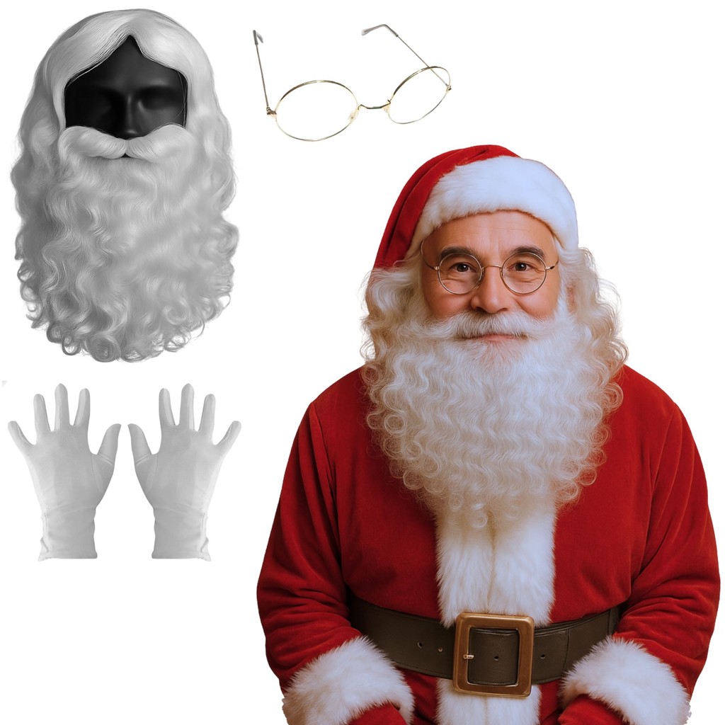 Kit Fantasia Papai Noel Peruca Barba Longa Óculos Metal Dourado Luva Branca Curta Traje Luxo
