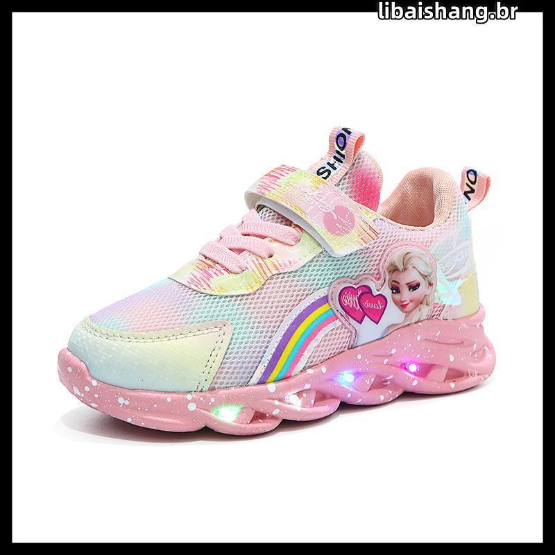 Kids Girls Winter LED Disney Frozen Elsa Princess Impressão Tênis Casual Para O Exterior Sapatos Antiderrapantes Ilumina