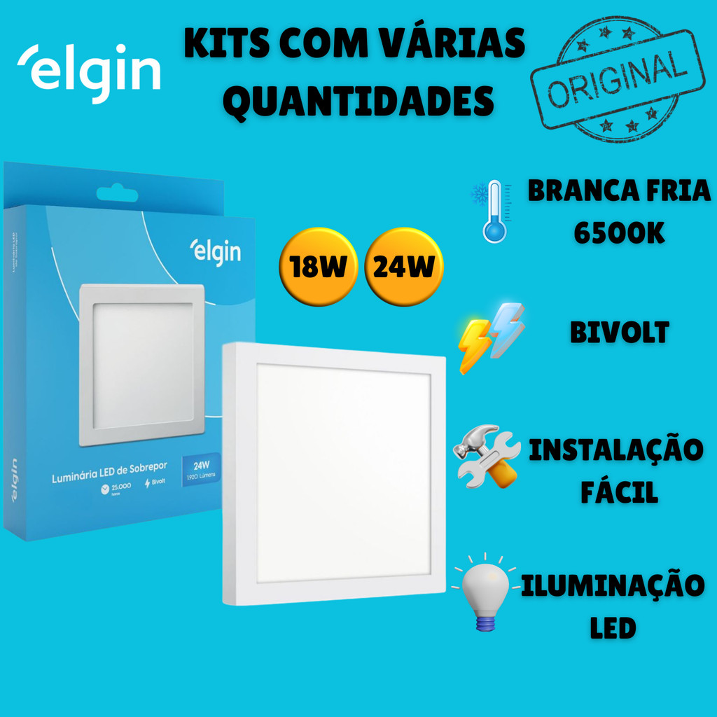 Kit 05 ou 10 Luminária de Sobrepor Quadrada 18W ou 24W 6.500K Bivolt Elgin Escolha seu Kit