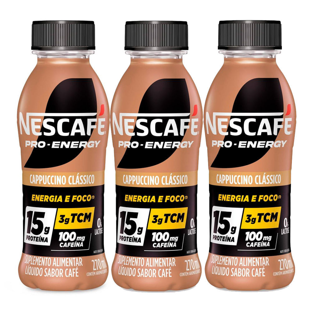 Kit 3 Suplemento Alimentar Nescafé Pro-Energy 15g Proteína Cappuccino Clássico 270ml em Oferta na Shopee