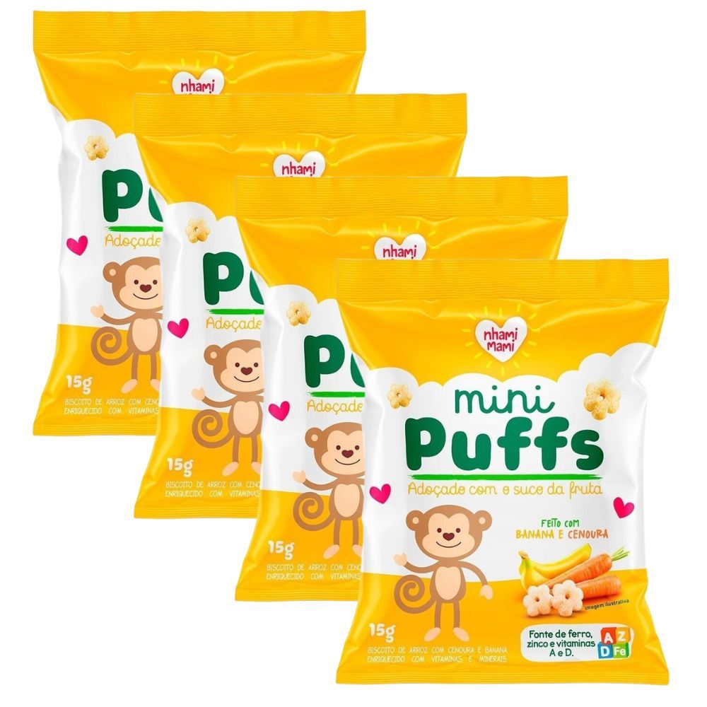 Kit 4 Biscoito Nhami Mami Mini Puffs Snack Banana e Cenoura 15g