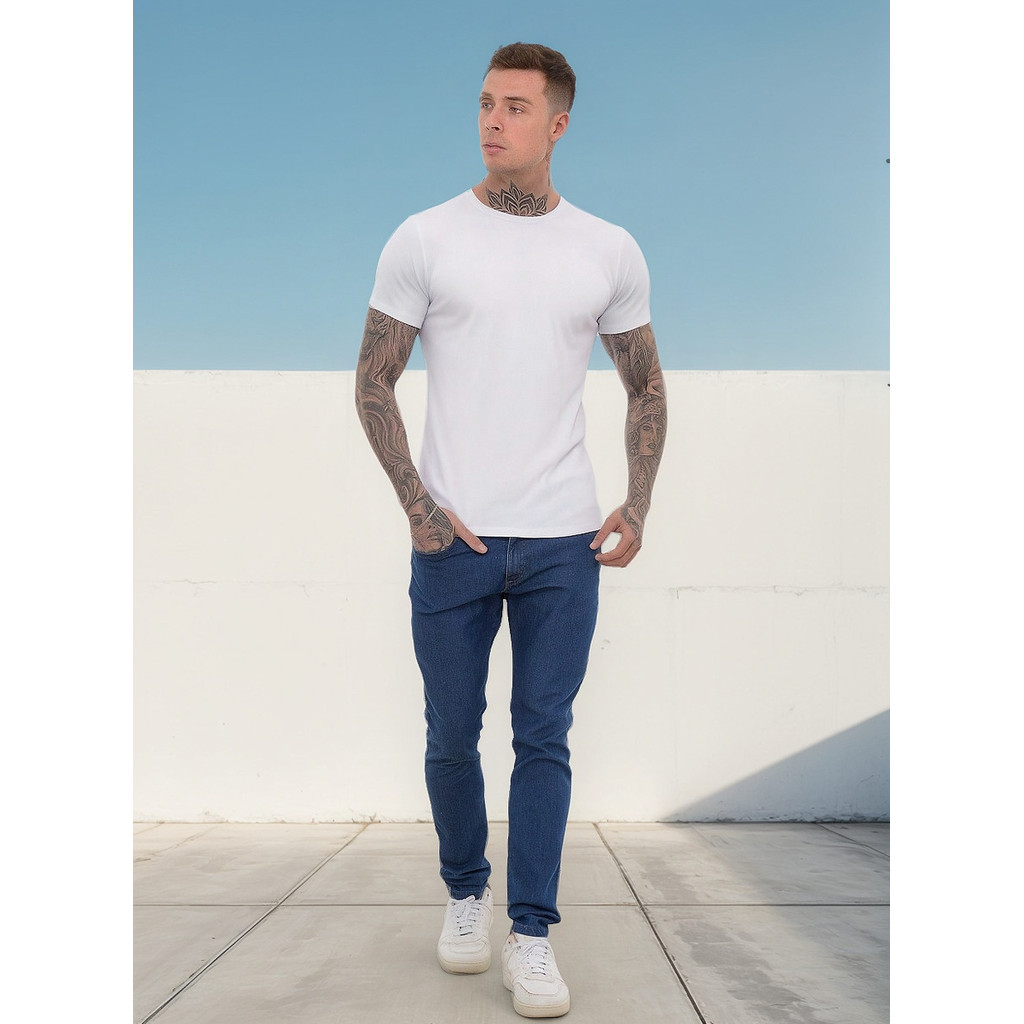 Camiseta Masculina Básica Canelada Branca | Malha Esticável, Slim Fit, Estilo Moderno