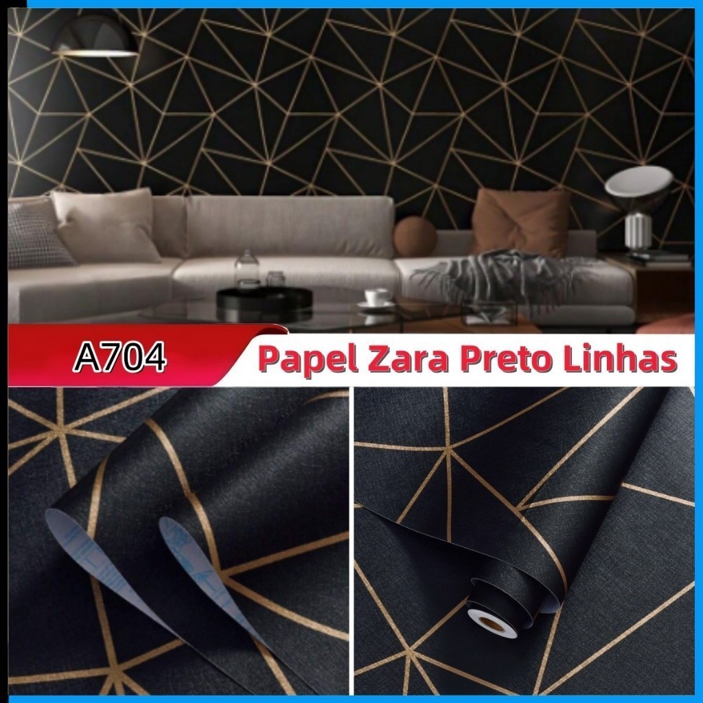 Papel de parede Zara Preto e Dourado Geometrico Moderno 5 Metros x 45cm Triangulo Sala, Quarto