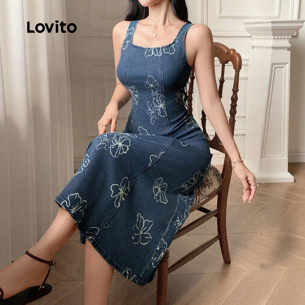 Lovito Vestido Floral de Jeans Elegante Feminino Primavera/Verão Azul LK2LD288