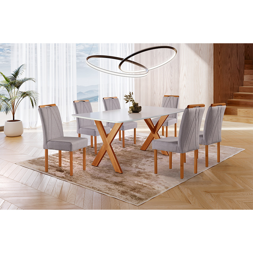 Conjunto Sala de Jantar 6 Lugares Lorena Mesa e Cadeira Madeira Maciço Moveis Mundial
