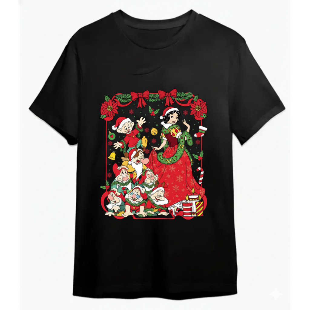 Camiseta Feminina Casual De Algodão Puro Com Modelagem Solta E Estampa Natalina Da Branca De Neve E Os Sete Anões