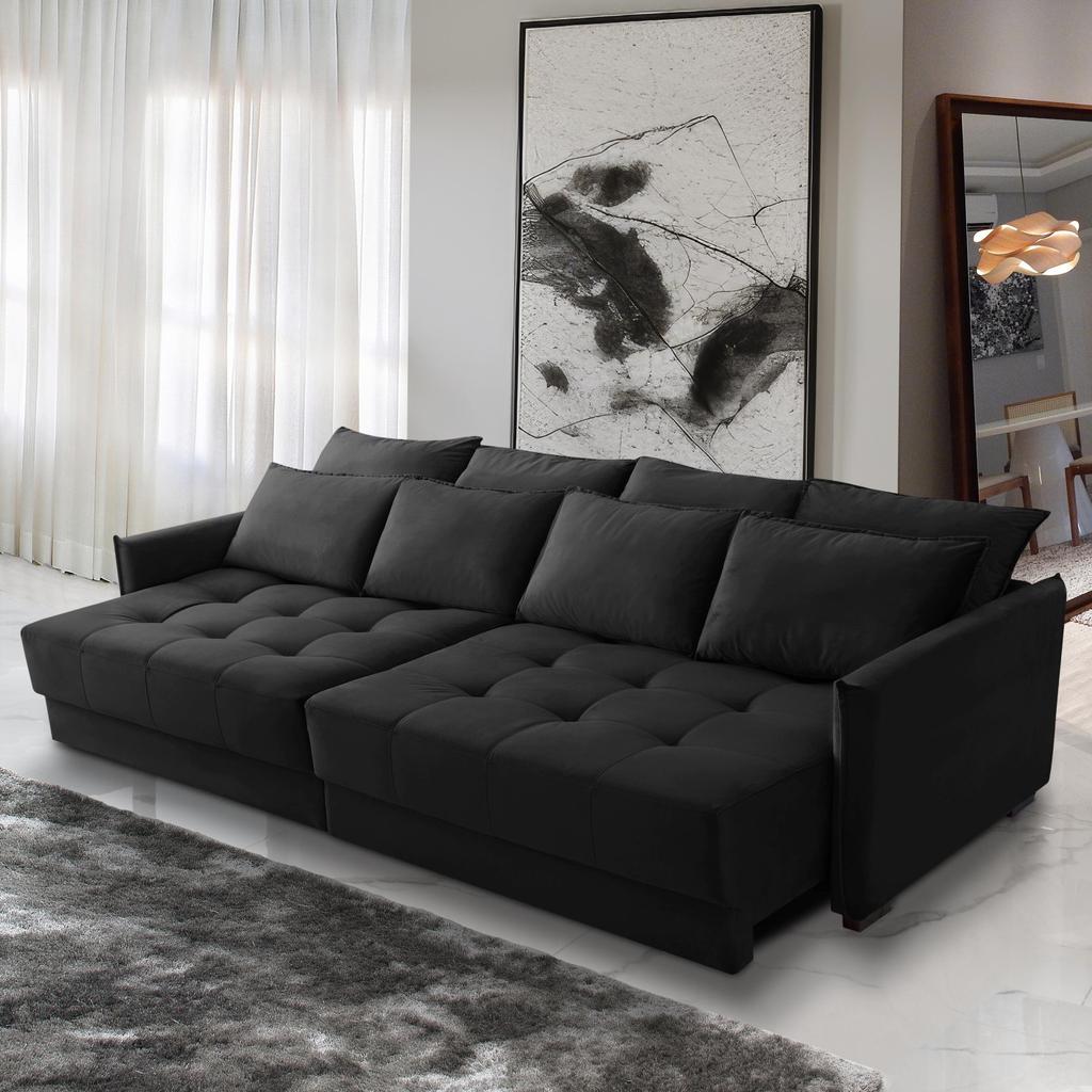 Sofá Cama Retrátil e Reclinável 2,30m com Molas Carol Veludo Preto Adonai Estofados em Oferta na Shopee