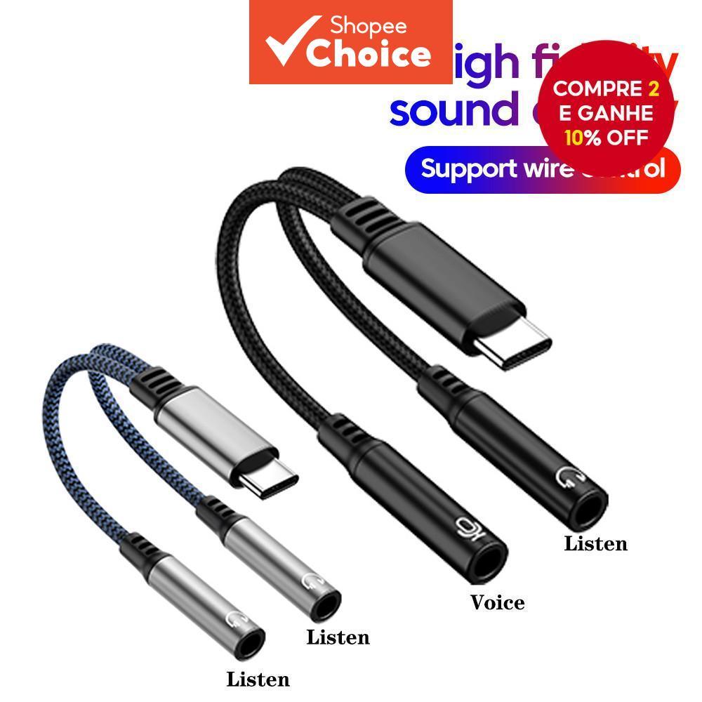  Adaptador de áudio USB-C DAC 2 em 1 para duplo conector de 3,5 mm para microfone e escuta. em Oferta na Shopee