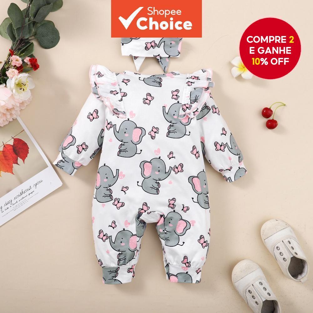  Macacão de Bebê Menina Recém-Nascida com Estampa de Elefante, Manga Longa, Conjunto com Tiara, 0-12 Meses