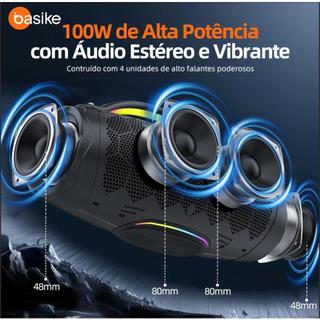 Basike Caixa de Som Bluetooth 100 W RMS com Bateria 10.000 mAh, TWS, IPX6 e Luzes RGB