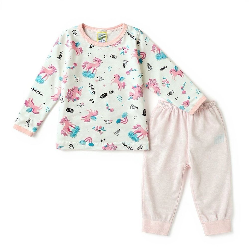 Pijama Bebê Longo Rosa Unicórnio Feminino Baratinha Tecido Malha - (P/M/G/1/2/3)