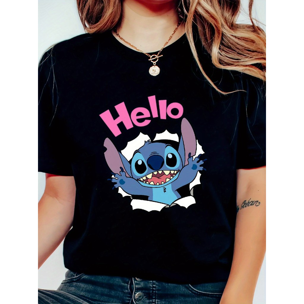 BR Moonlight Camiseta Feminina Stitch Y2K "Hello" Colorido Detalhes Costuras Estampada Confortavel Fofa Estilosa