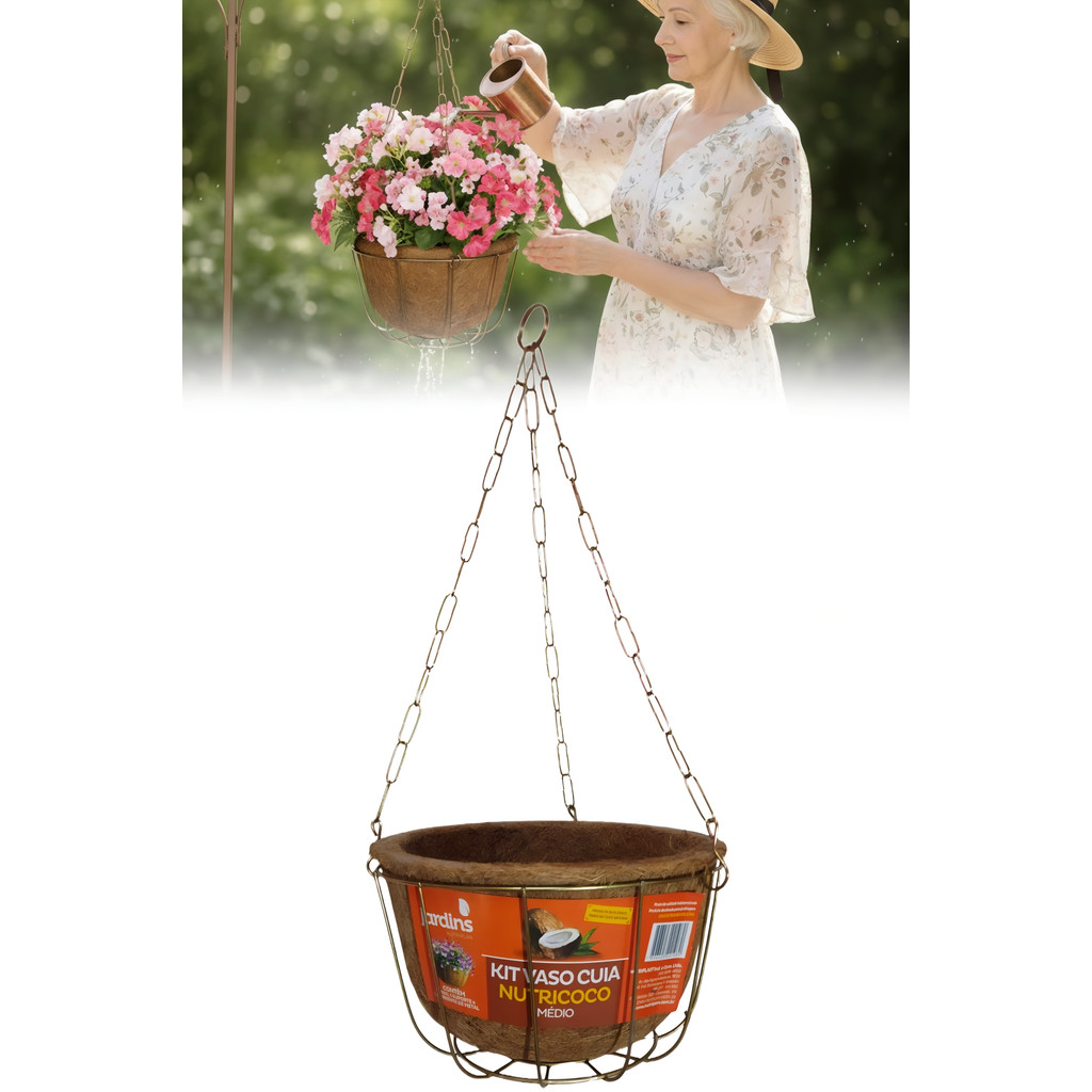 Vaso Cuia Com Corrente de Ferro Pendurar Jardim Xaxim Ecológico Fibra Coco Planta Orquídea Samambaia