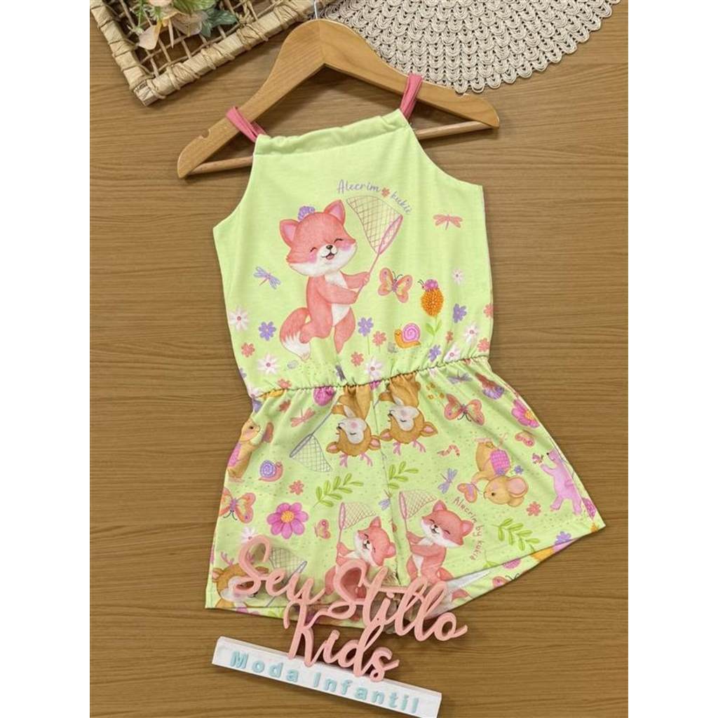 Macacão Curto Infantil Kukiê Verão Verde Raposinha na Floresta em Oferta na Shopee