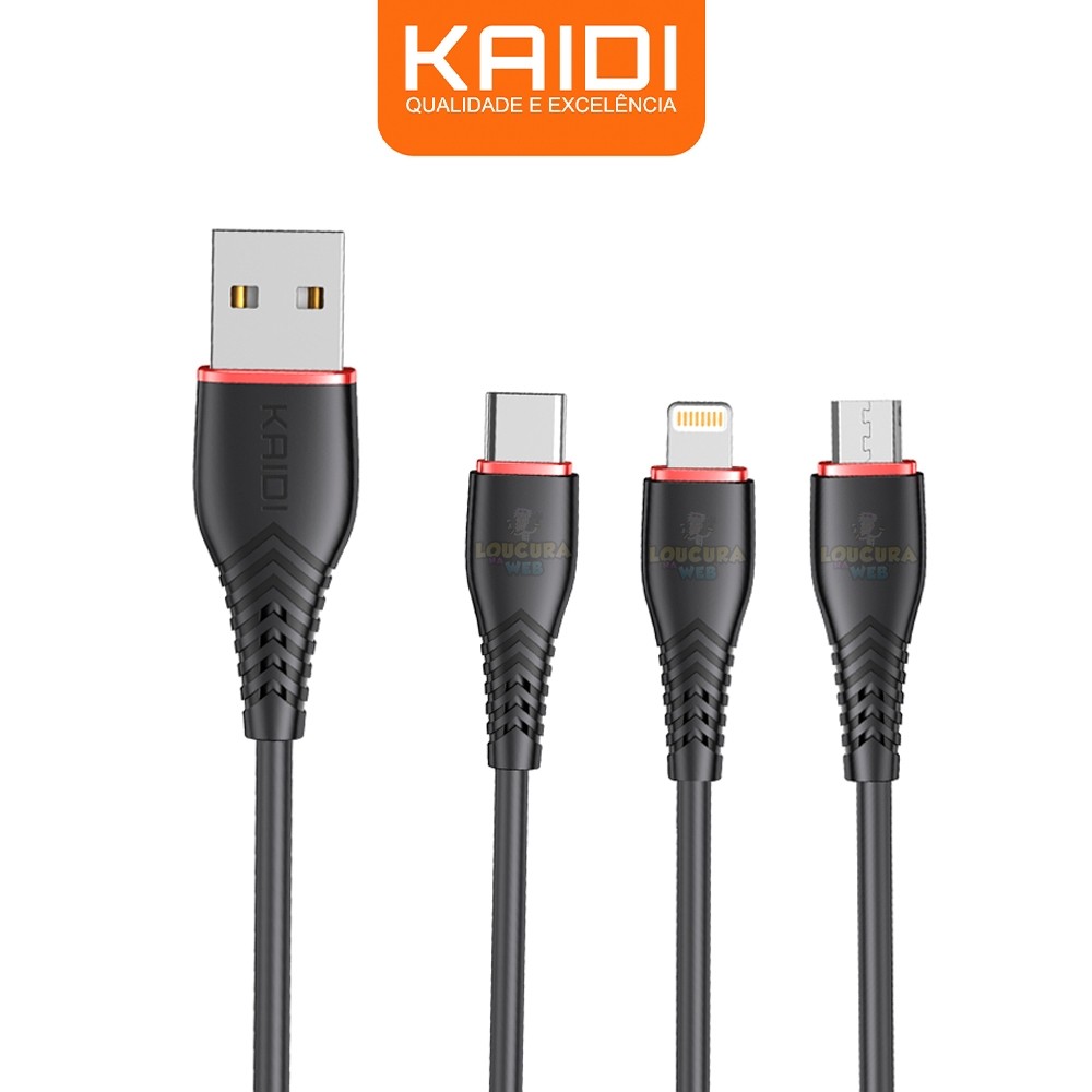 Cabo Carregador Kaidi 3 Em 1 Para iPhone, Tipo-c E Micro Usb Cor Preto ltomex