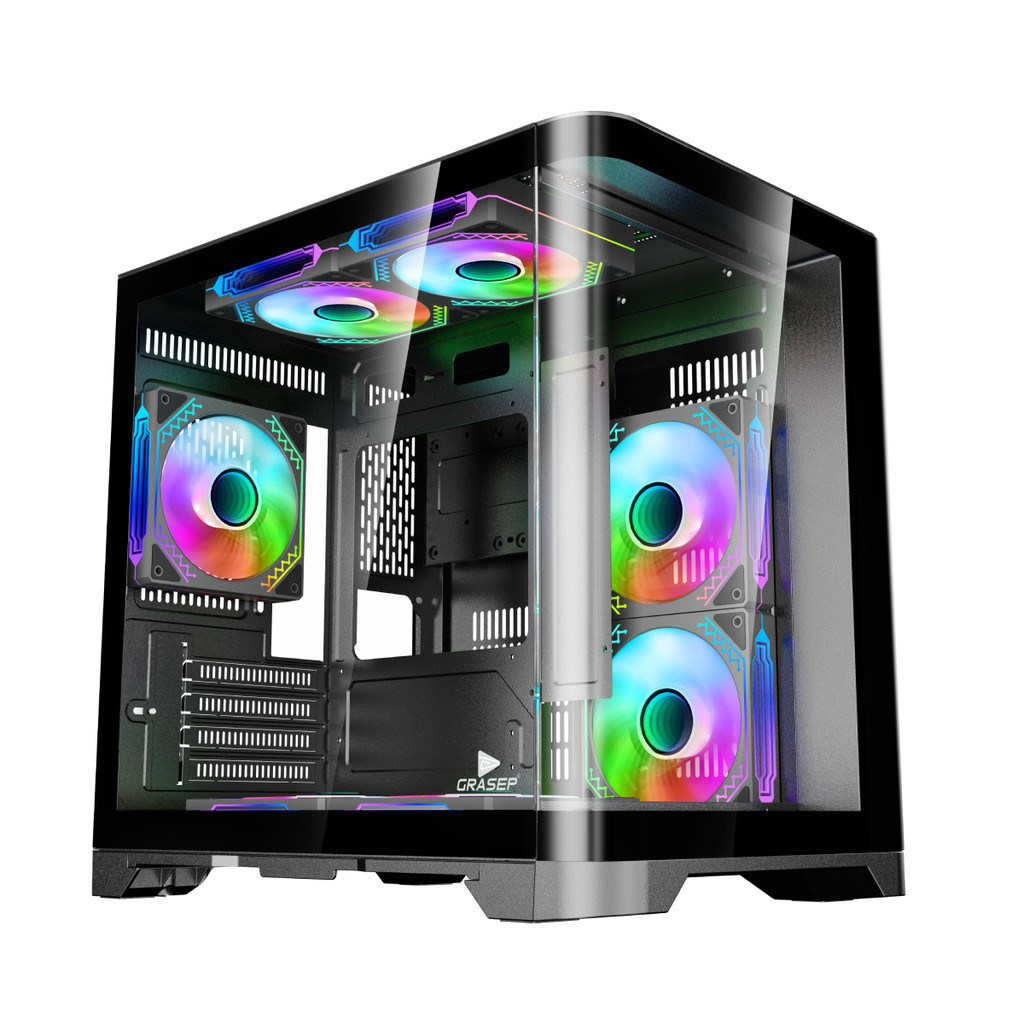Gabinete Gamer Mini Tower Vidro Temperado Black M-ATX Sem Fonte Com 5 Fans Rainbow RGB D-MATX11