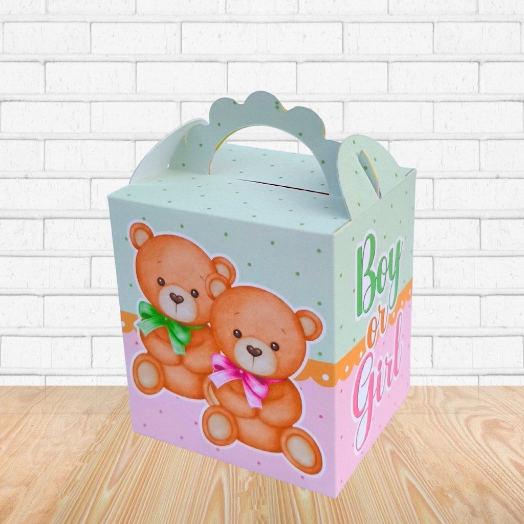 10 Caixas Lanchinho Chá Revelação Verde e Rosa Ursinhos | Personalizados | Lembrancinhas | (Pegue e Monte)