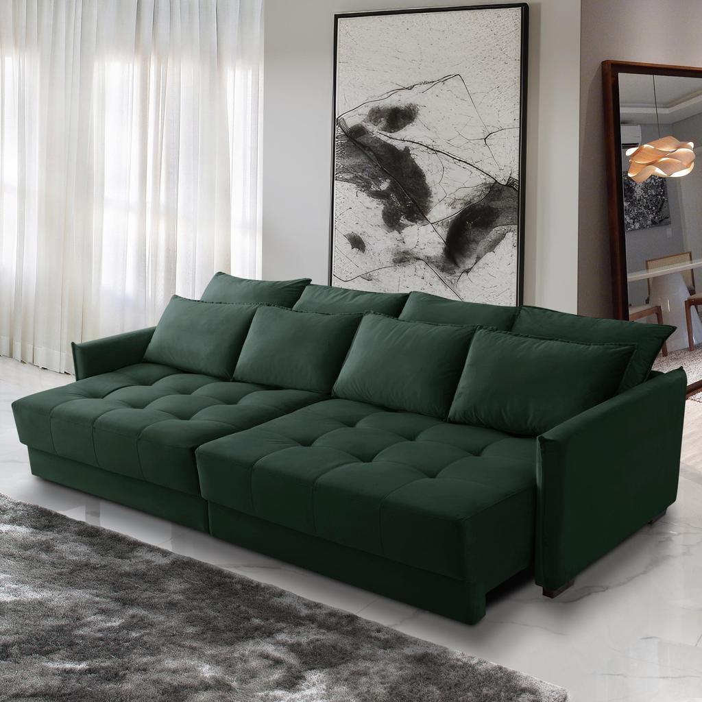 Sofá Cama Retrátil e Reclinável 2,10m com Molas Carol Veludo Verde Adonai Estofados em Oferta na Shopee