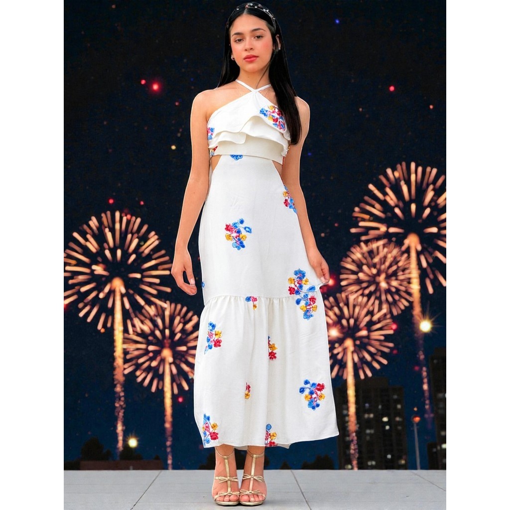 Vestido Feminino Juvenil Bordados Floral – Vermelho e Branco Moda Teen Natal Ano Novo | Confortável e Elegante 10 ao 16