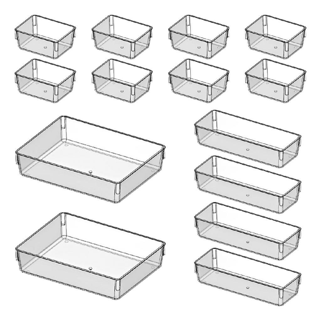 Kit 14 Organizadores Acrílico Cristal Modular Para Geladeiras Maquiagens Gavetas Armarios