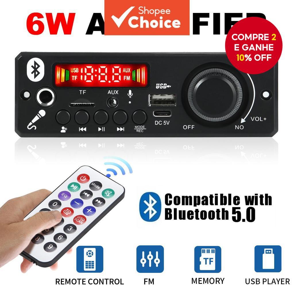 Módulo de áudio Bluetooth 5.0 sem fio MP3 WMA rádio FM receptor, amplificador 6W tendência nova, DC 5V, com USB e TF.