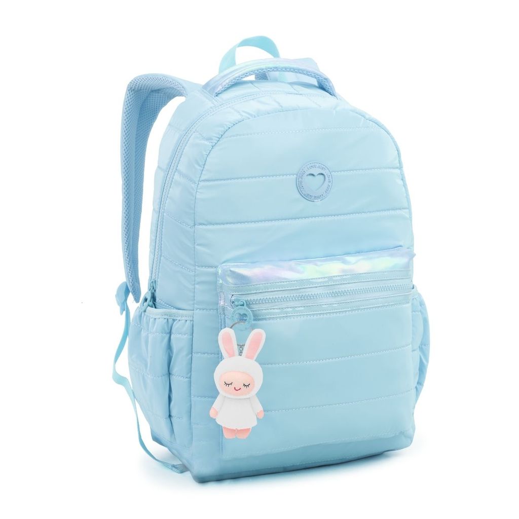 Mochila Azul 18 Material Escolar Fofa Kawaii Passeio Chaveiro Coelhinho 2 Divisórias Reforçada Linda