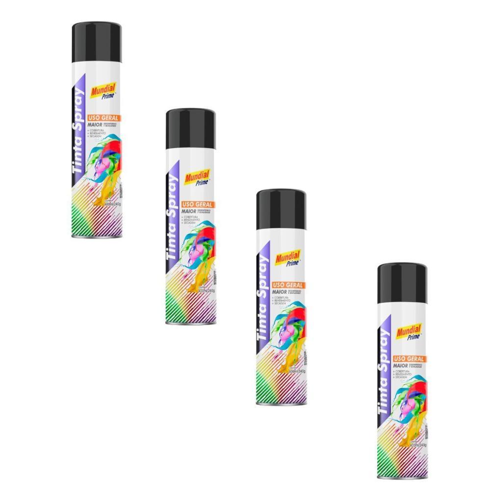Kit 4 Tinta Spray Mundial Prime Preto Brilhante - 400ML