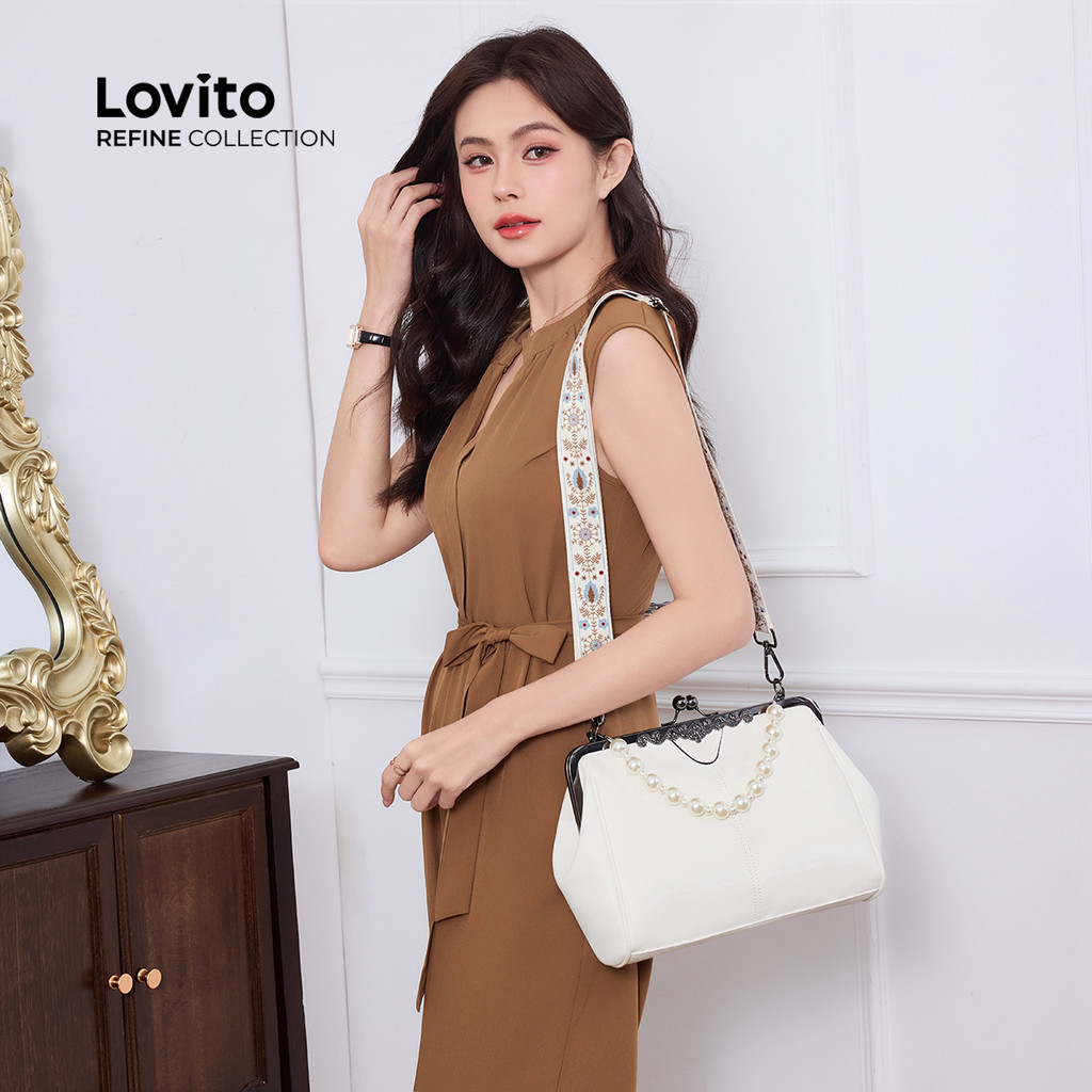 (Lovito Refine) Elegante Pequena Bolsa De Ombro Moda Clipe Pérolas Bolsa Pequena Bolsa De Ombro Para Mulheres LFR13127 em Oferta na Shopee