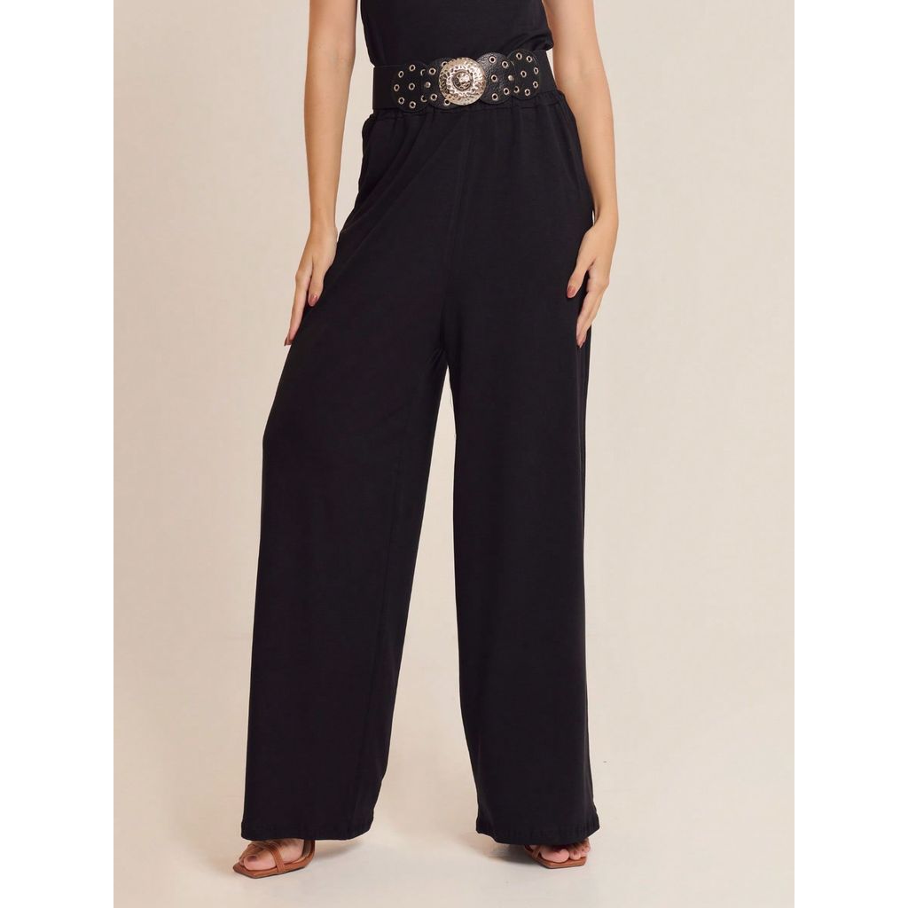 Calça Pantalona Feminina Viscose Com Bolso Cintura Alta Wide Leg