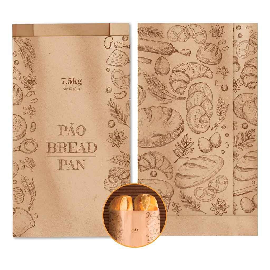 Embalagem Kraft 15 Pães Padaria 22x49cm 500 Unidades Marrom