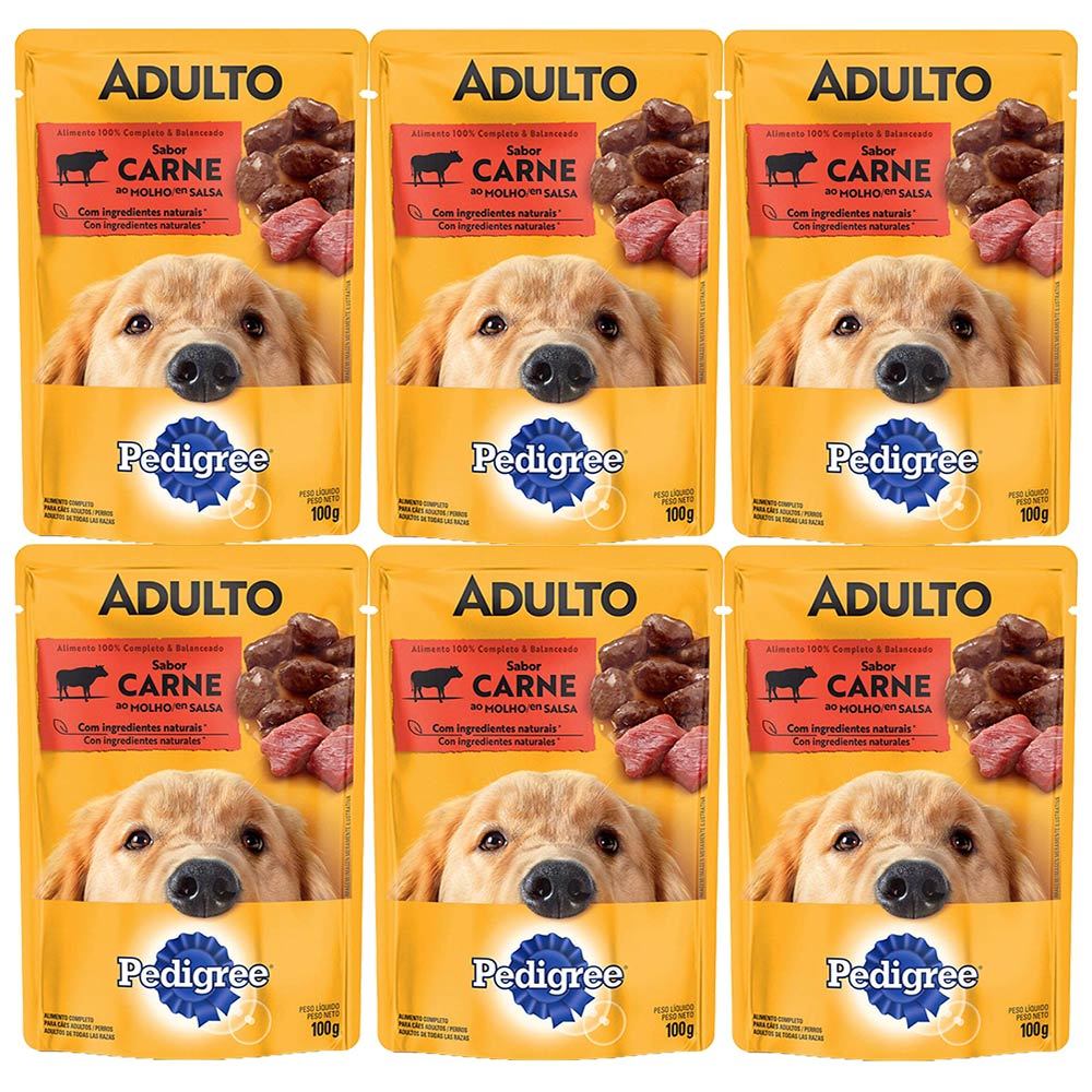 Kit 6 Ração Úmida para Cachorro Pedigree Adulto Sabor Carne ao Molho em Sachê 100g