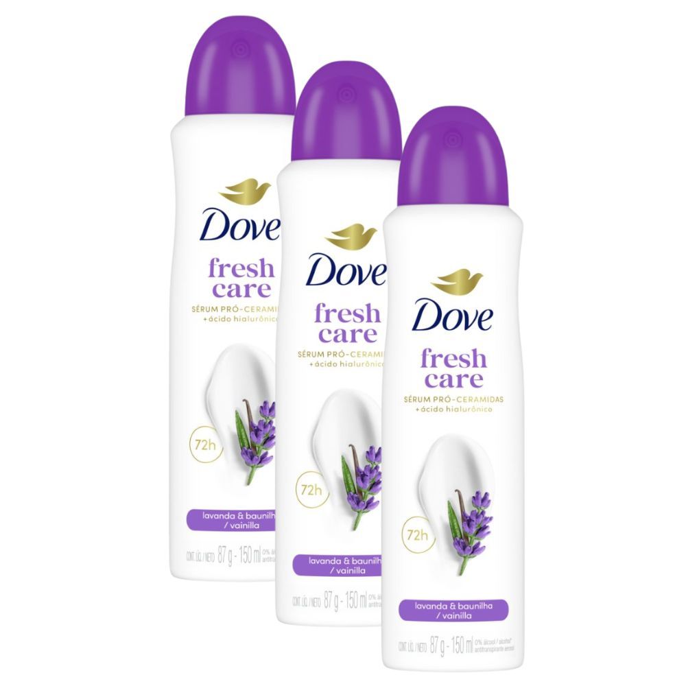 Kit 3 Antitranspirante Aerosol Dove Fresh Care Lavanda e Baunilha 150ml Spray em Oferta na Shopee