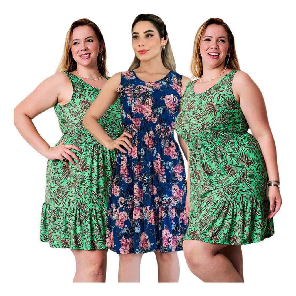 Kit 3 Vestidos Regata Feminino Elastex Na Cintura Liganete Estampado Confortável Sortido Premium em Oferta na Shopee