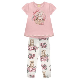 Conjunto Menina Milon Blusa Cotton Estampa Gatinho e Legging Cotton Estampada Rosa/Off em Oferta na Shopee